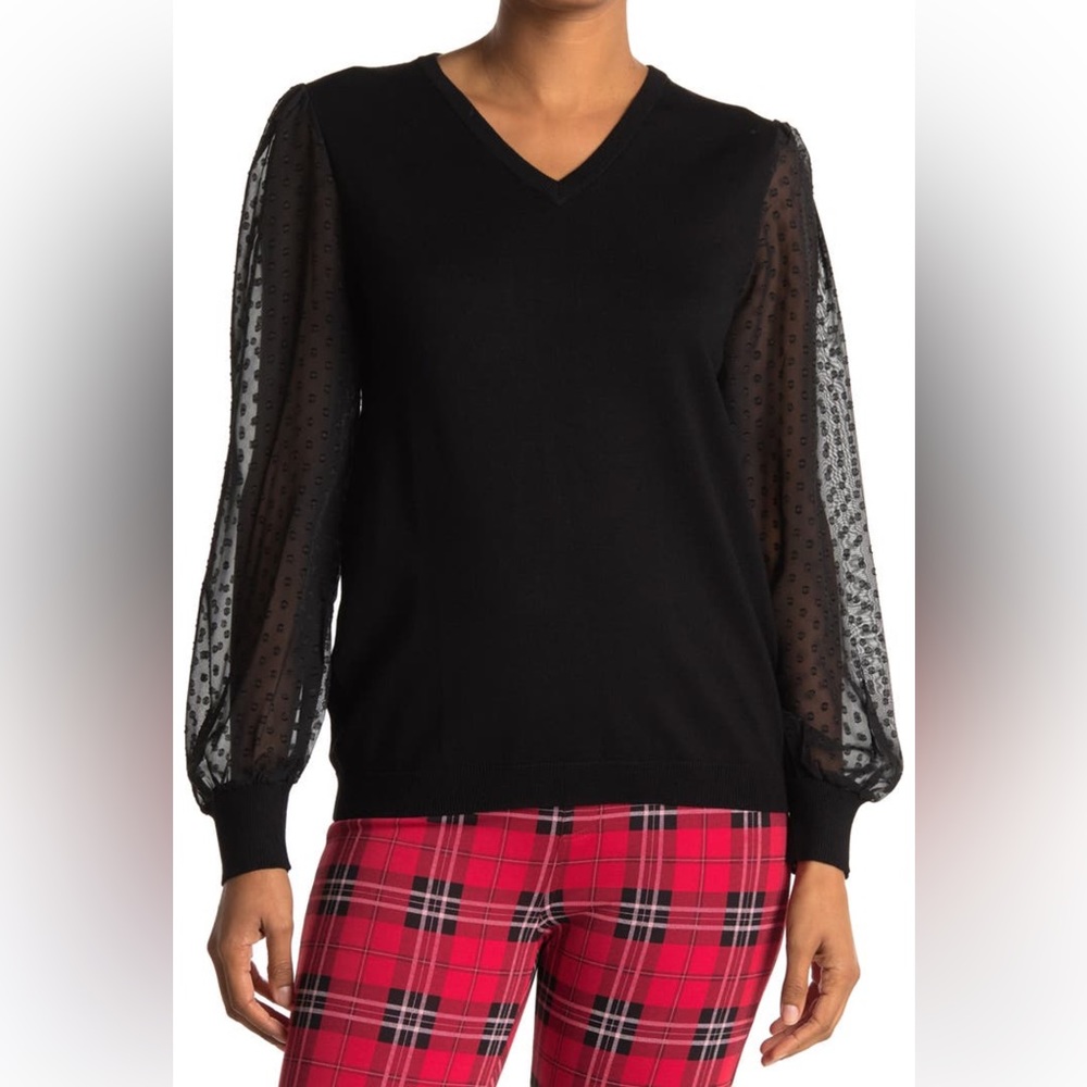 NWT Adrianna Papell V-Neck Clip Dot Sleeve Sweater, Sz M